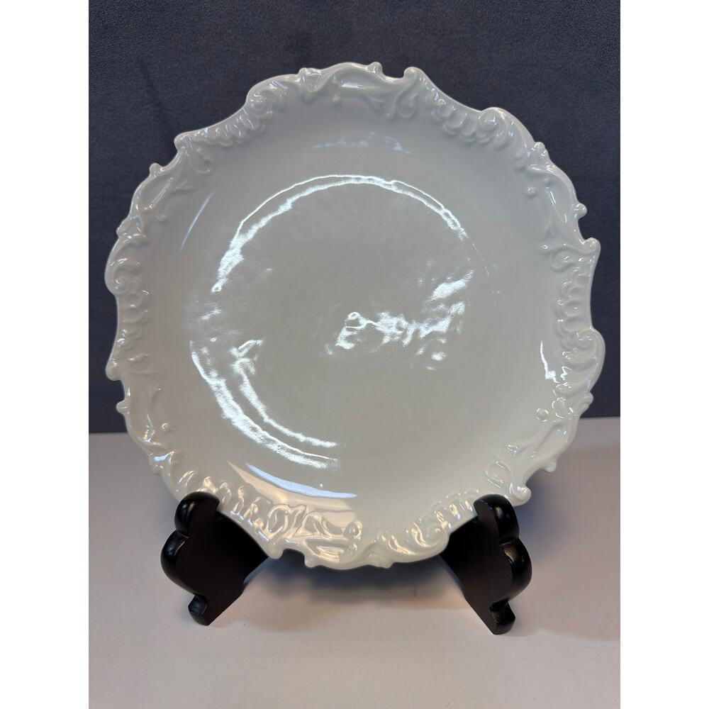Vintage Limoges France White Porcelain 9” Plate Raised Scrollwork Scalloped Edge